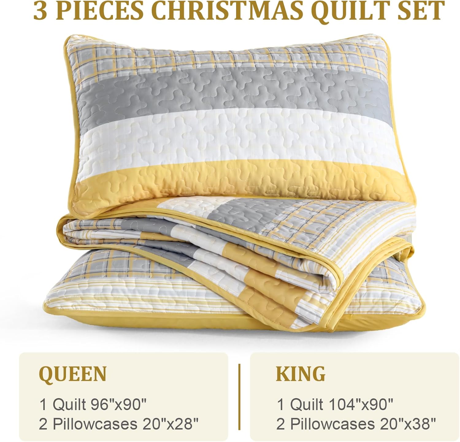 DJY Striped Quilt Set King Size, Yellow and Grey Boho Bedspread Coverlet Set 3 Pieces Lightweight Soft Microfiber Patchwork Quilt Bedding Set for All Season (104"x90") - Image 6