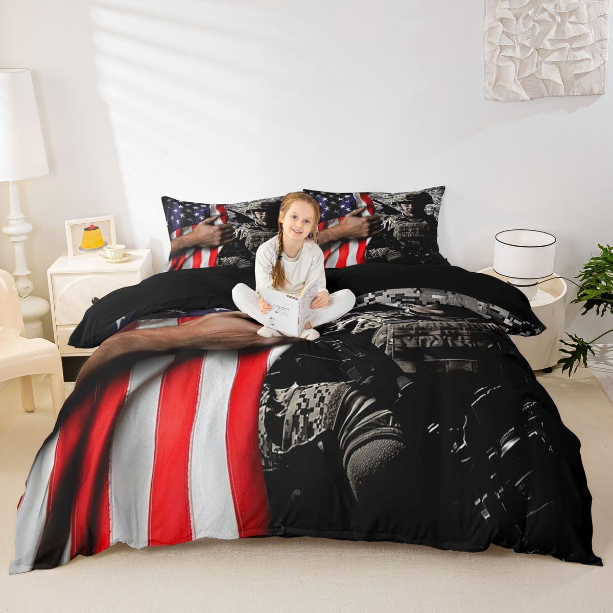 American Flag Bedding Set Twin for Boys Teens Men Retro Army Green Camo Usa Flag Comforter Cover Military Camouflage Soldier Duvet Cover for Kids Adult Youth Bedroom Decor, with 1 Pillowcase