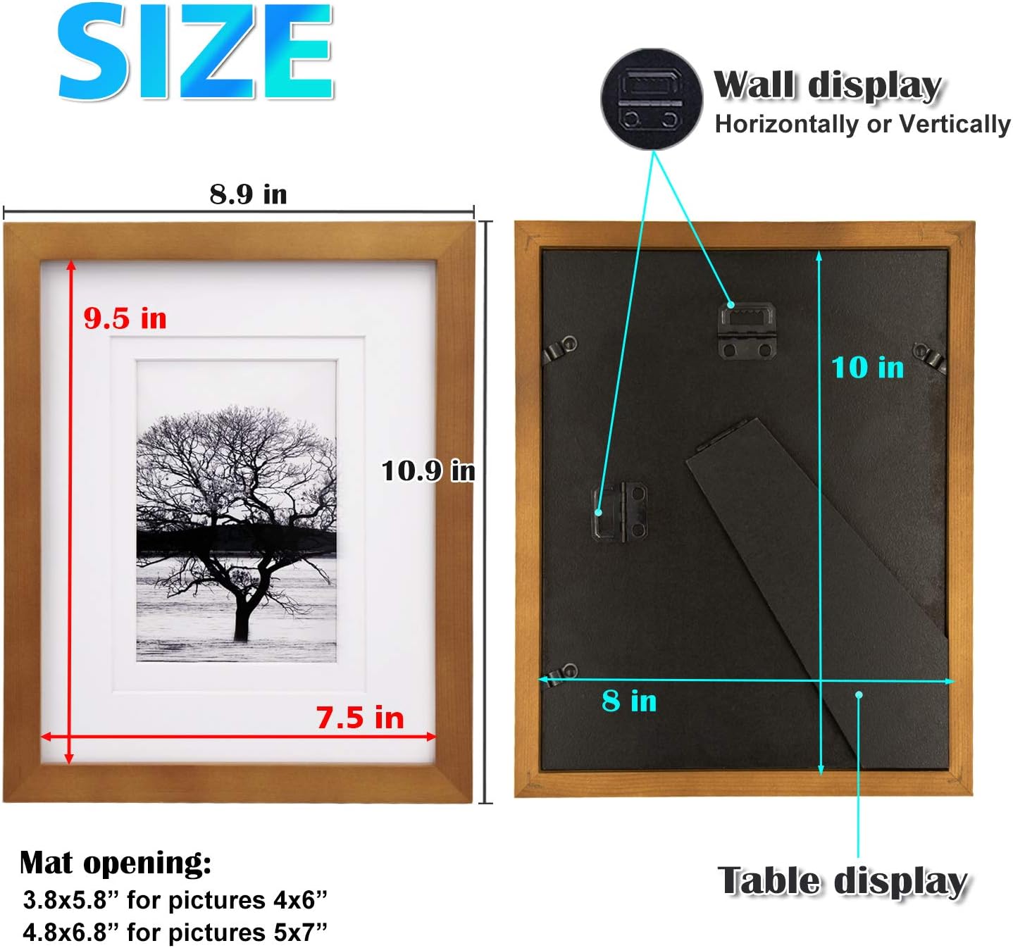 Egofine 8x10 Picture Frames 4 Pack, for Pictures 4x6 or 5x7 with Mat Made of Solid Wood for Table Top Display and Wall Mounting Photo Frames, Light Brown -