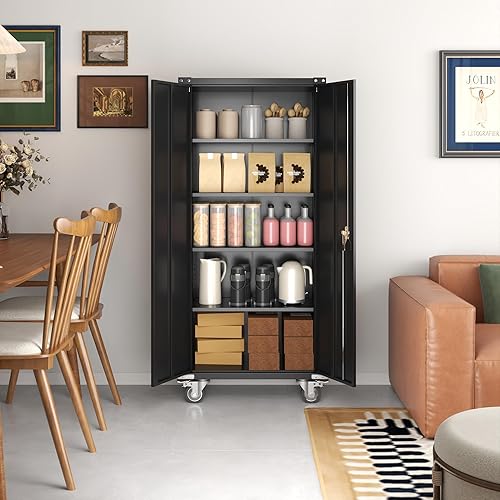 Miniatura 2 de SUXXAN Armario de almacenamiento de metal alto con rueda para garaje en el hogarestantes ajustables con cerradura rígido y diseño de parachoques