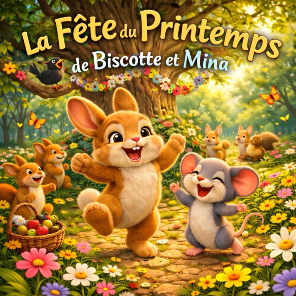 La Fête du Printemps de Biscotte et Mina: Une aventure de printemps en forêt avec Biscotte le lapin et Mina la souris, entre fête des fleurs, amitié, nature et activités ludiques pour enfants.