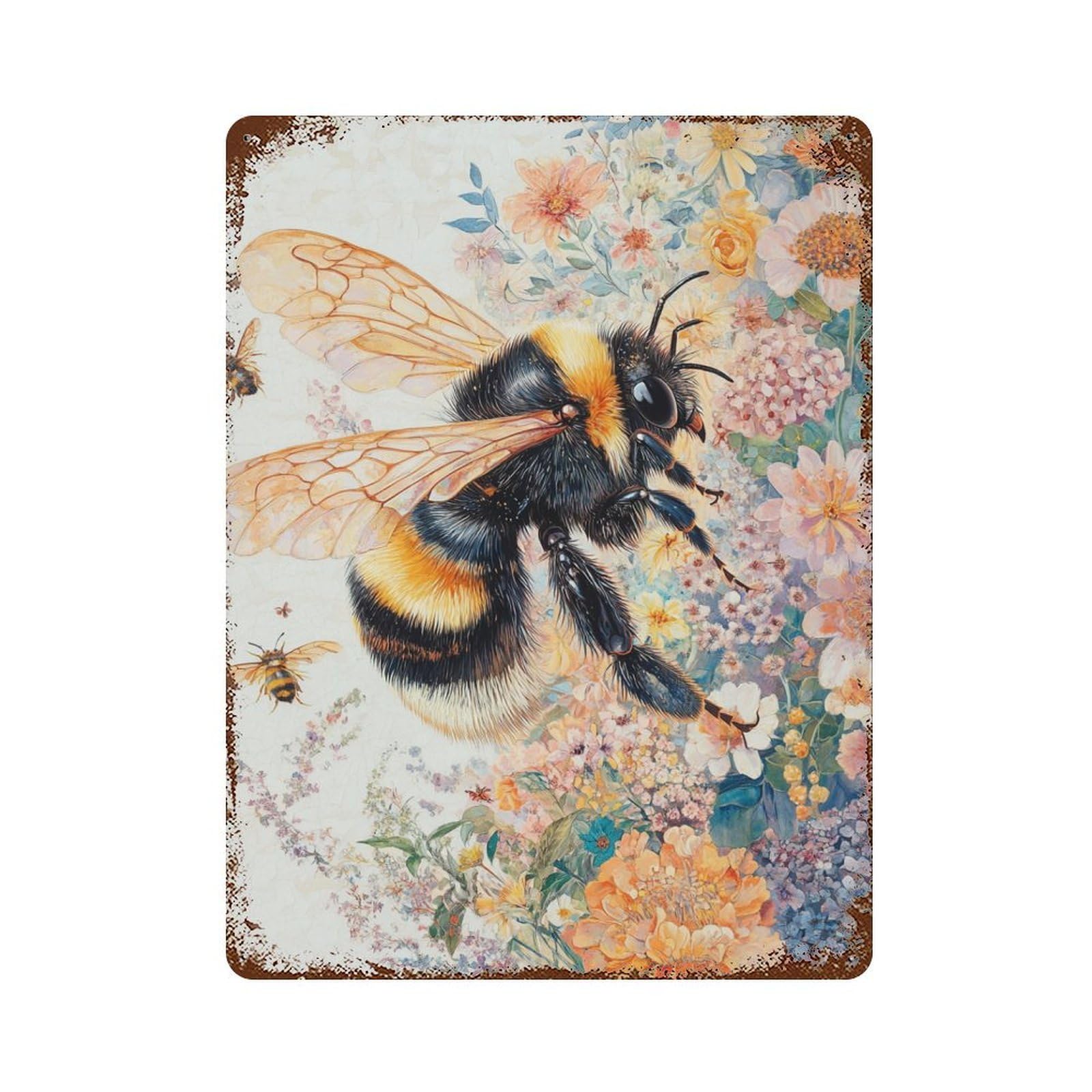 Garage Style Bee on Flowers Aged Metal Wall Plaque 15.7"x11.8", Novelty Wall Decor for Bar And Workshop