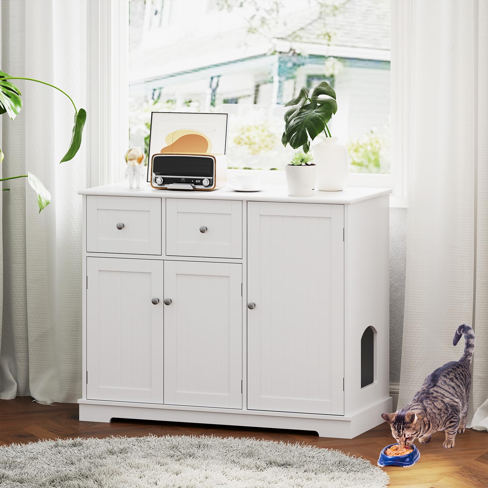 GOPLUS Meuble Litiere Chat avec Trou d’Entrée Latéral, Cache Litiere Chat à 2 Porte, Plateau Spacieux, 100 x 45 x 80 CM, 2 Tiroirs et 2 Compartiment de Rangement pour Chaton, Idéal pour Chambre, Blanc