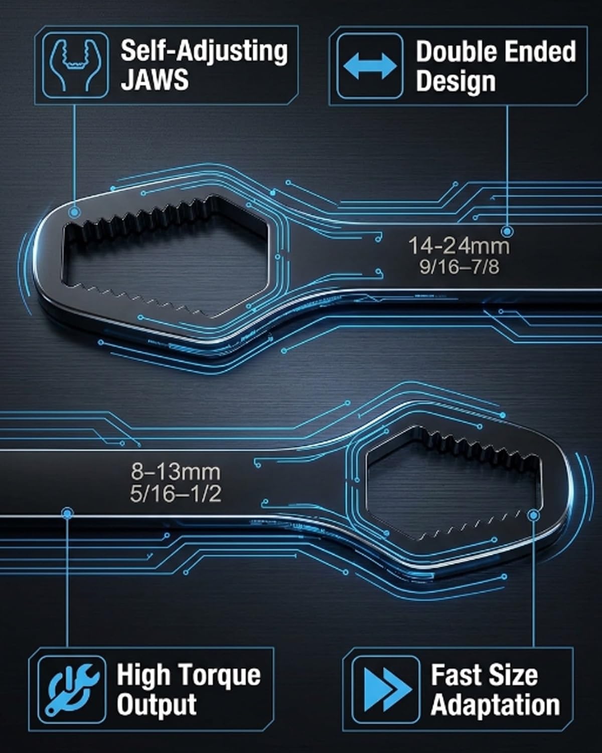 Universal Self Adjusting Wrench, Double Ended Multifunctional Self-Tightening Adjustable All in One Tool, DIY Machine Auto Maintenance, For 3mm-24mm Nuts, Chrome Vanadium Steel(Black*2)