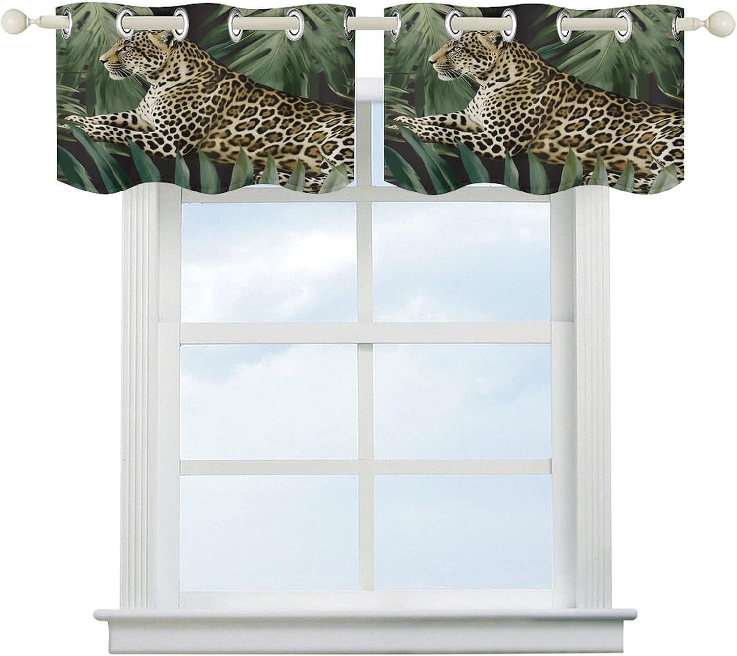 Leopard Palm Leaf Curtain 2 Panels, Polyester Fiber, Blackout Insulated Window Curtain, Curtain Valance for Kitchen Dining Room Living Room Cafe Small Window 52 * 18.1 Inches