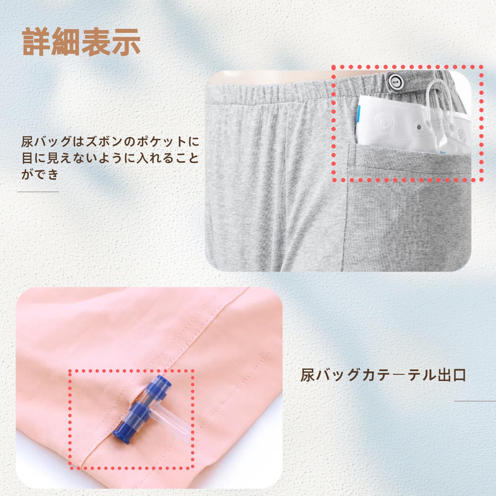 [DURASIKO] 尿袋隠しパンツ 尿バッグ下着 レディース メンズ 尿バッグ収納 高齢者 膀胱患者 介護用 両脇ポケット 採尿 導尿 排尿 術後/リハビリ/介護/病院/家庭/施設 便利グッズ