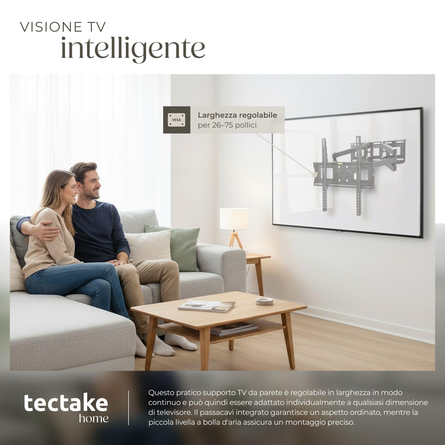 tectake® Supporto TV Parete Universale, Staffa Televisione Inclinabile e Girevole Adatto da 26"-75" pollici, braccio monitor per TV 40 pollici, Supporto Televisore VESA da 400x400, Carico Max 100kg