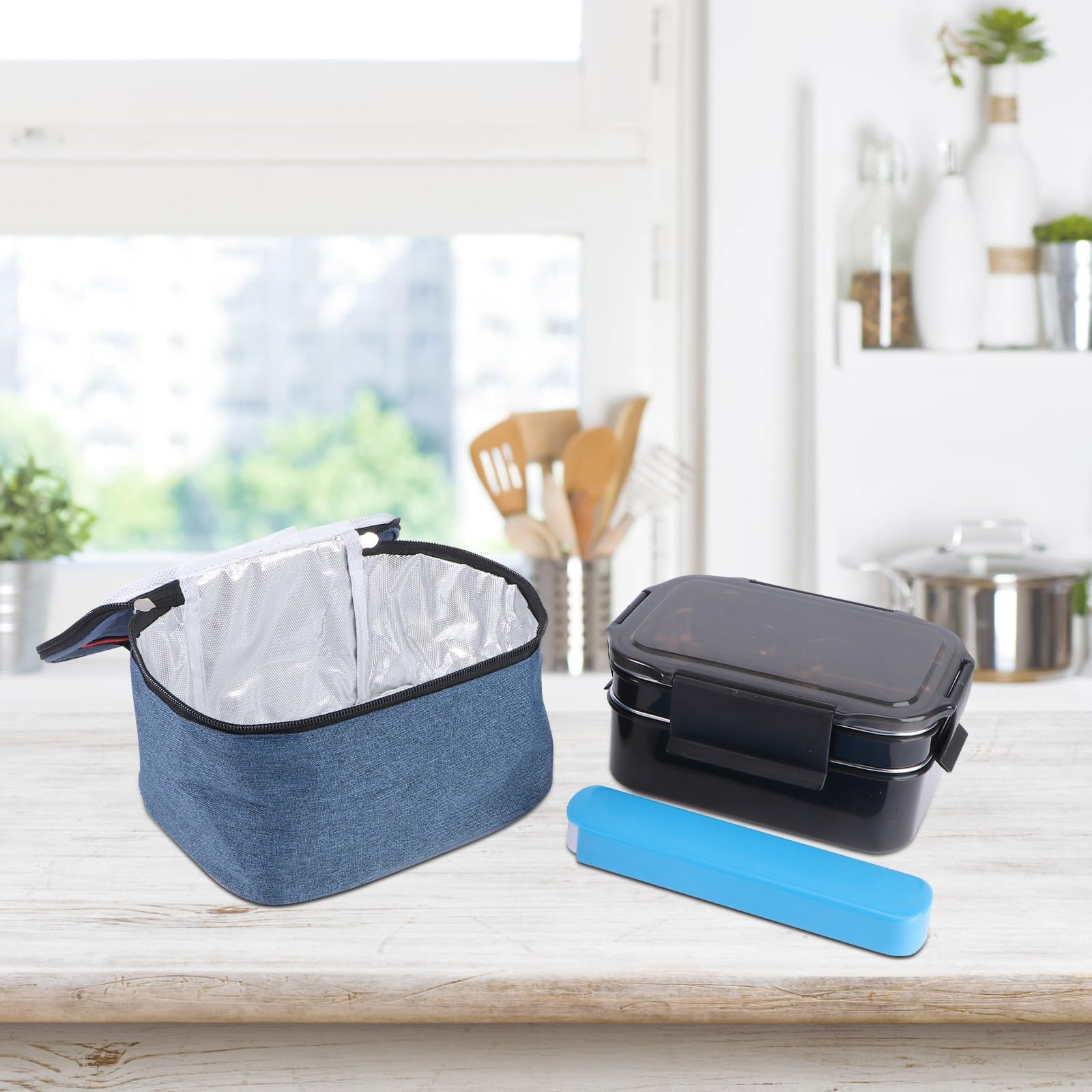 Caja Almuerzo Infantil de Acero Inoxidable con Compartimentos y Bolsa Portátil, Fiambrera Ligera Apta para Microondas con Vajilla Incluida