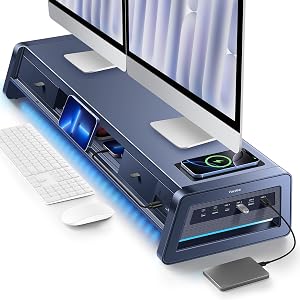 Vaydeer All-in-One Dual Monitor Stand Riser with 2 Drawers, 8 USB Ports (4 Fast Charging, 4 for Data Transfer), Wireless Charging Pad and LED Light Strip, Desk Organizer for PC/iMac (Metal, 39.3 inches)
