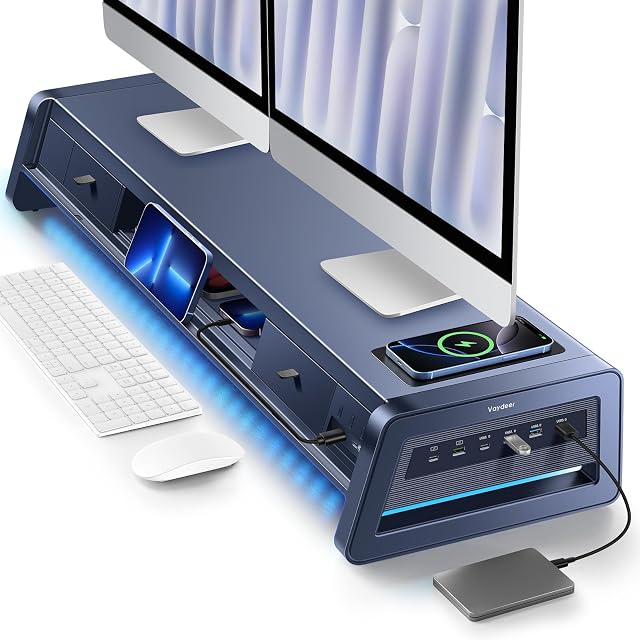 Vaydeer All-in-One Dual Monitor Stand Riser with 2 Drawers, 8 USB Ports (4 Fast Charging, 4 for Data Transfer), Wireless Charging Pad and LED Light Strip, Desk Organizer for PC/iMac (Metal, 39.3 inches)