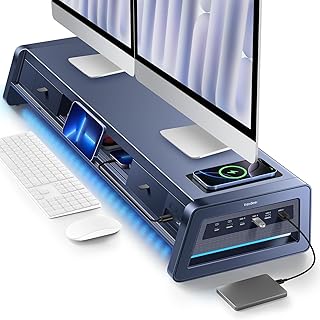 Vaydeer Soporte elevador de monitor dual todo en uno con 2 cajones, 8 puertos USB (4 de carga rápida, 4 para transferenc...
