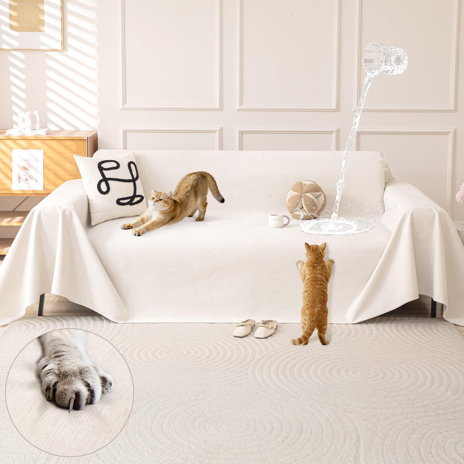 Housse de canapé imperméable et lavable anti-griffes beige avec pose facile 180x260