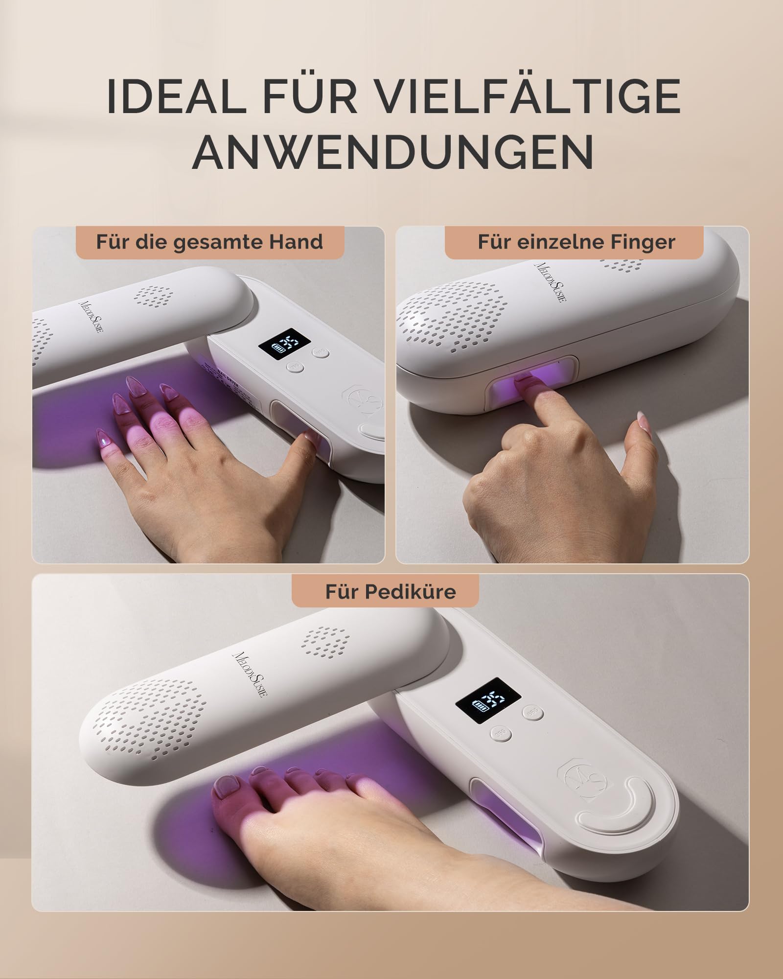 MelodySusie UV LED Nagellampe P-PLUS20F Kabellos Nageltrockner für Gelnägel | Anti-Schwarz, 240° Drehbar & Faltbar, LCD-Display, Aushärtung für Gel Nagellack，7800mAh Akku, 2,5 Stunden Vollladung
