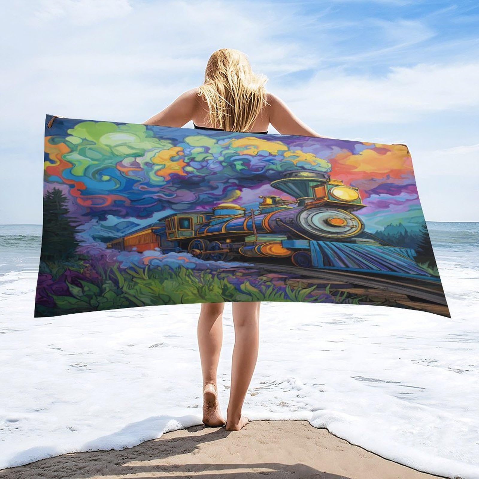 LUYYSKY Classic Realistic Steam Train Quick-Drying Beach Towel, Vintage Modern Art Sunset Forest Steampunk Steam Train Travel Vacation Single Sided Pile Bathroom Towels-80 W cm x 160" L cm