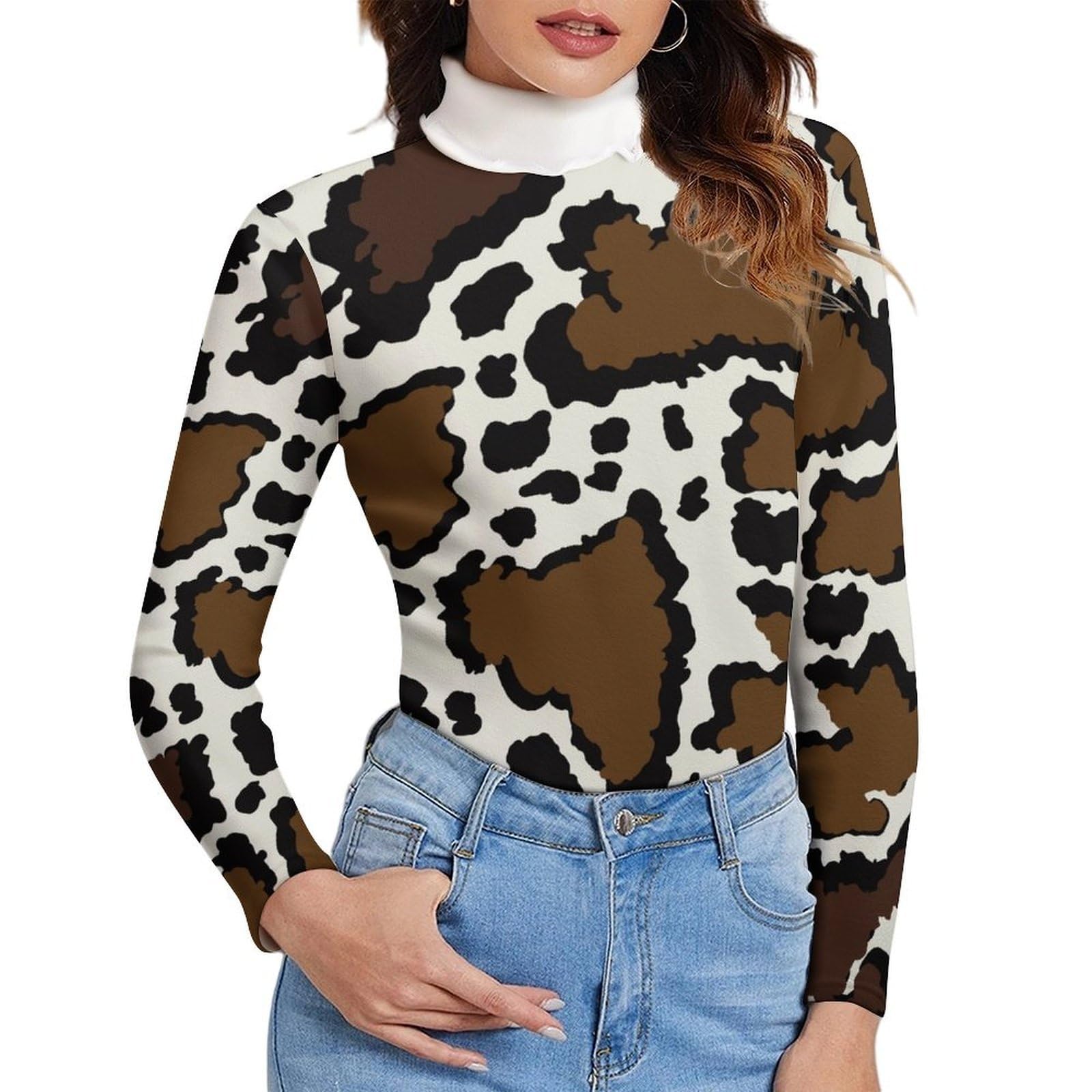 Cow Black White Print Sweater Woman Turtleneck Casual Knit Pullover Sweater Long Sleeve Tops Cozy Autumn Top
