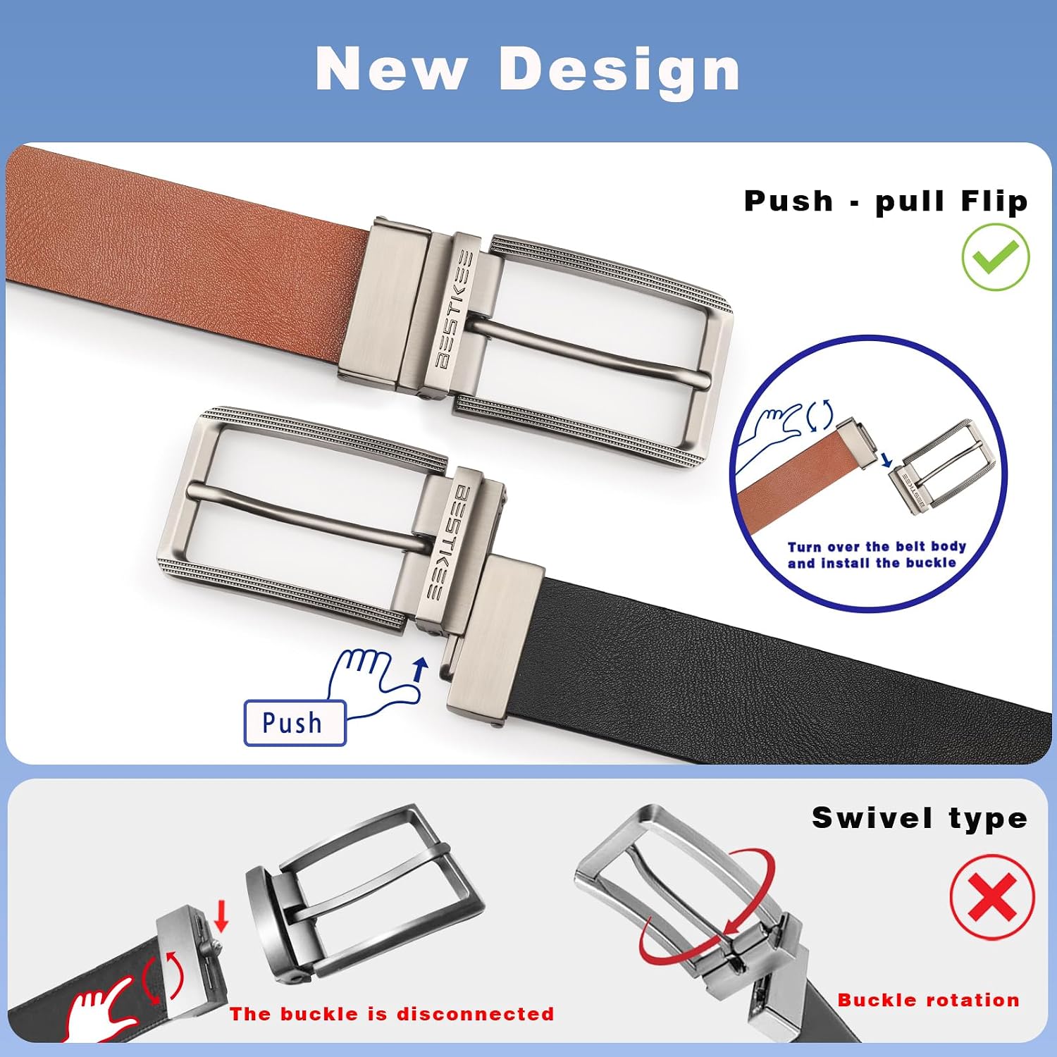 BESTKEE Men's Belt, Leather Reversible Belts For Men, For Gift Mens Casual Dress Jeans, One Reverse For 2 Sides（1 PACK）