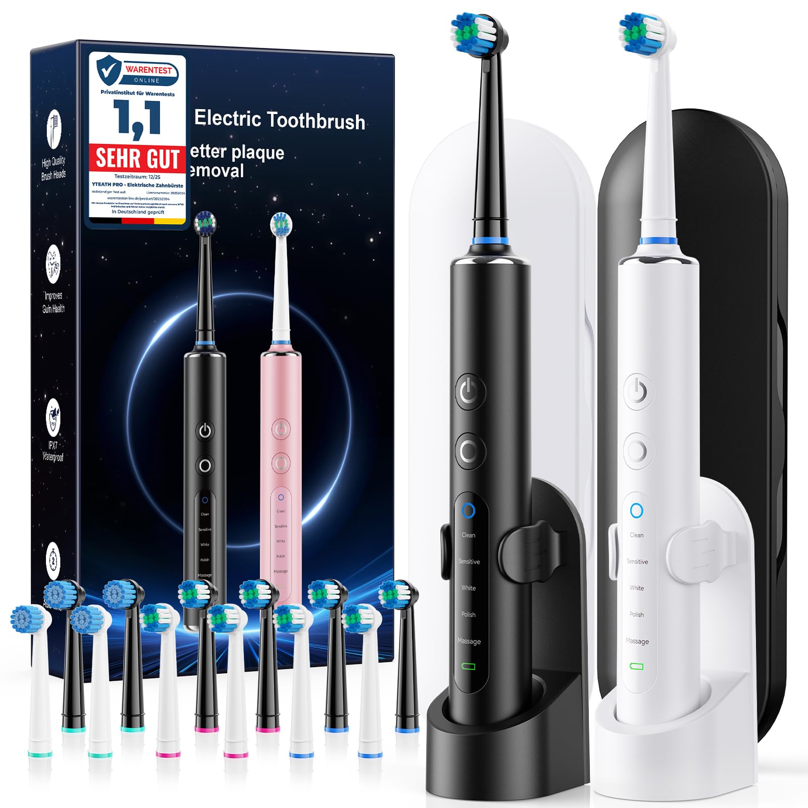 Cepillo de dientes eléctrico rotatorio 2 unidades Negro + Blanco para adultos y niños, 3 intensidades y 5 modos, cepillo dientes electrico con 12 cabezales, 2 estuches de viaje, batería de 120 días