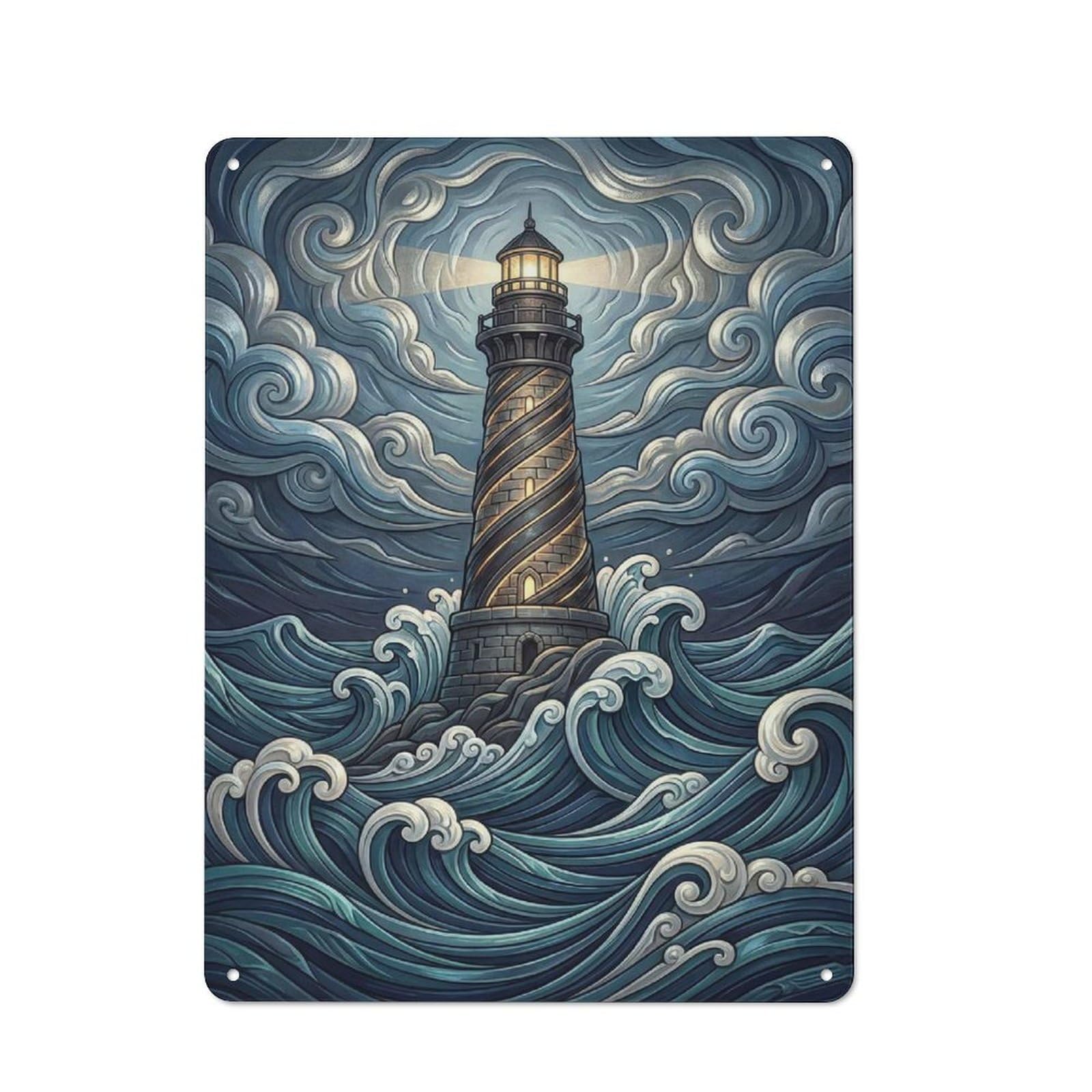 Junmoney Style-9 Tin Wall Sign With Lighthouse In A Stormy Sea Design 40X30cm, Cosy Cafe Wall Decor For Kitchen, Cafe, Pantry Or Dining Room