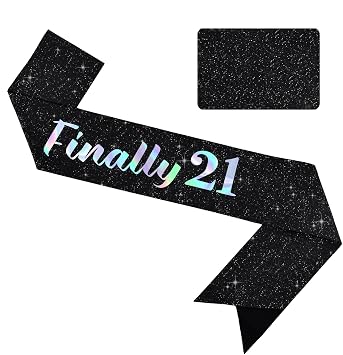 Vuzvuv Finally 21 Birthday Sash with Glitter, 21st Birthday Decoration,21st Sash for Women Man,Twenty One Party Favors Supplies and Decor-Black