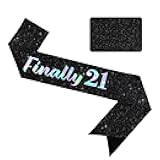 Vuzvuv Finally 21 Birthday Sash with Glitter, 21st Birthday Decoration,21st Sash for Women Man,Twenty One Party Favors Supplies and Decor-Black