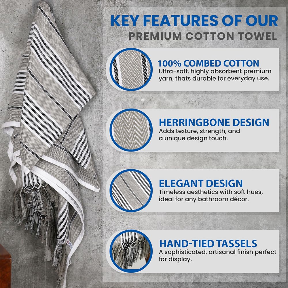 The Veshti Company Giza Blend Cotton Towel – 100% Pure, Ultra Soft, Highly Absorbent & Quick Dry – Luxury Bath & Spa Towel with Herringbone Design & Hand-Tied Tassels - White 3