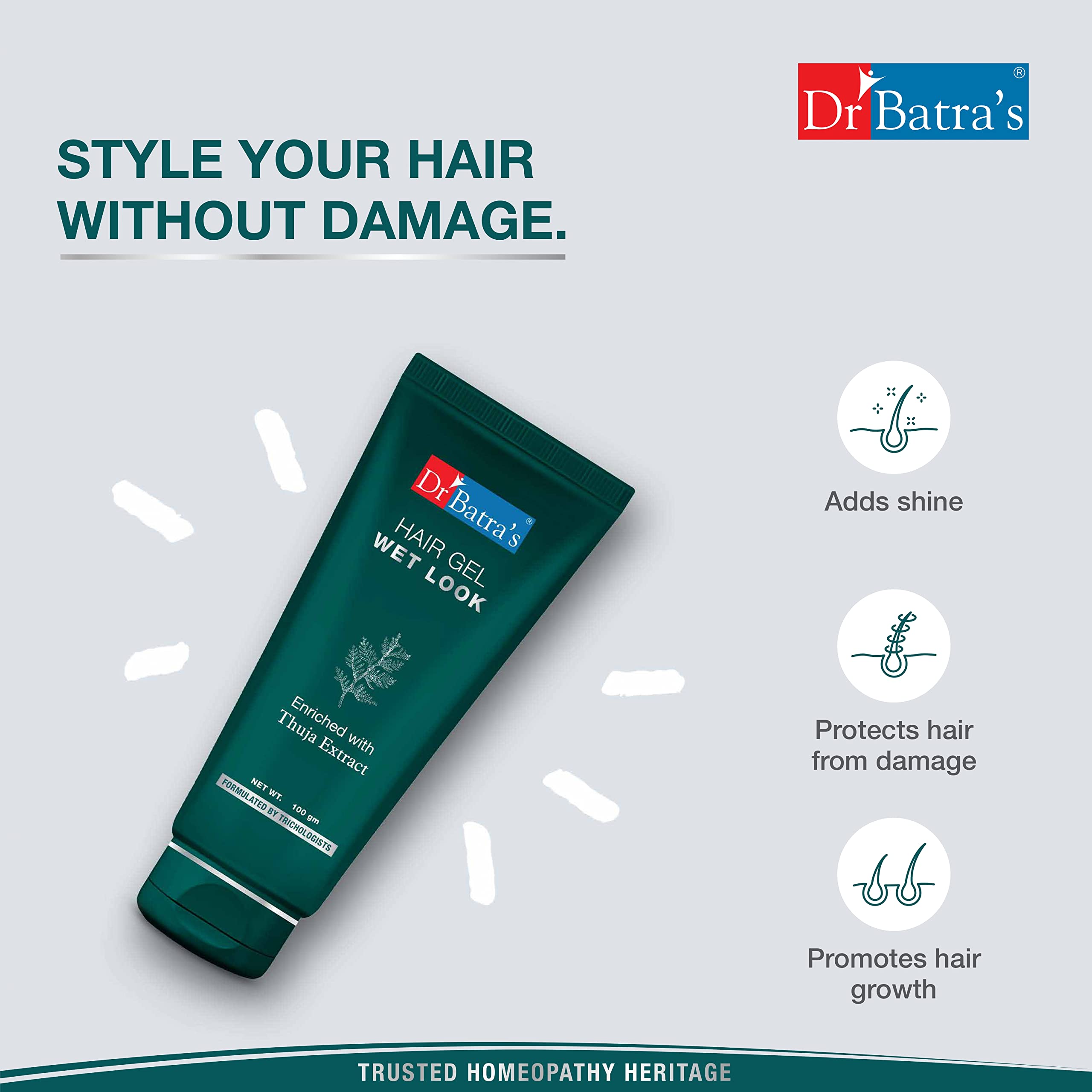Dr Batra's Hair Gel for Men with Thuja Extract – Strong Hold, Non-Sticky Formula, Natural Shine & Daily Hair Styling Support | 100 gm 1