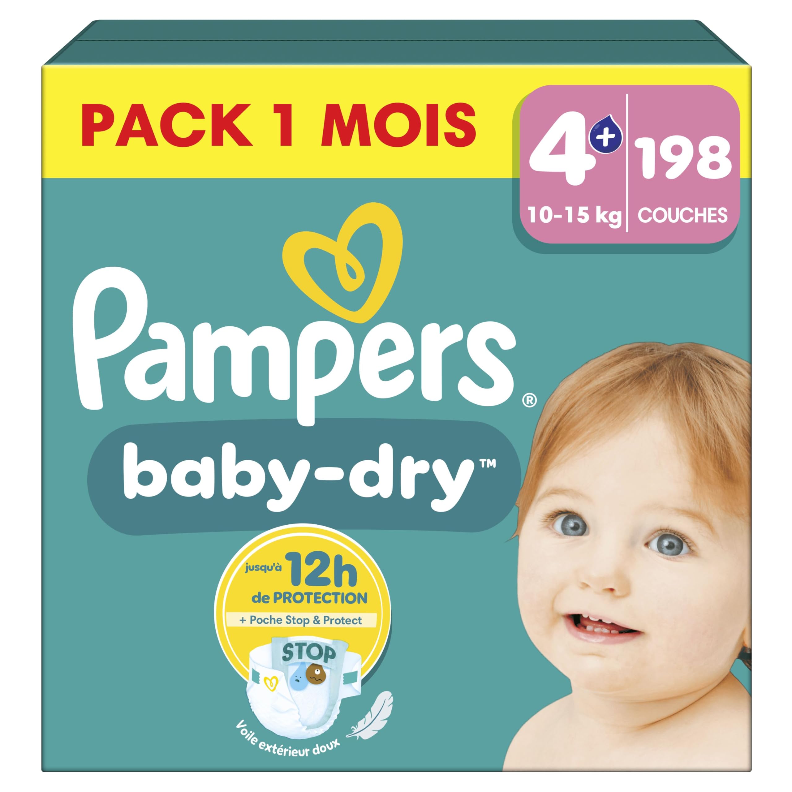 Pampers Baby-​Dry, Taille 4+, 198 Couches, 10-​15kg, Extra Absorption, Une nuit jusqu'à 100% sans fuites avec la Poche Stop & Protect à l'arrière de la couche, Pack 1 Mois