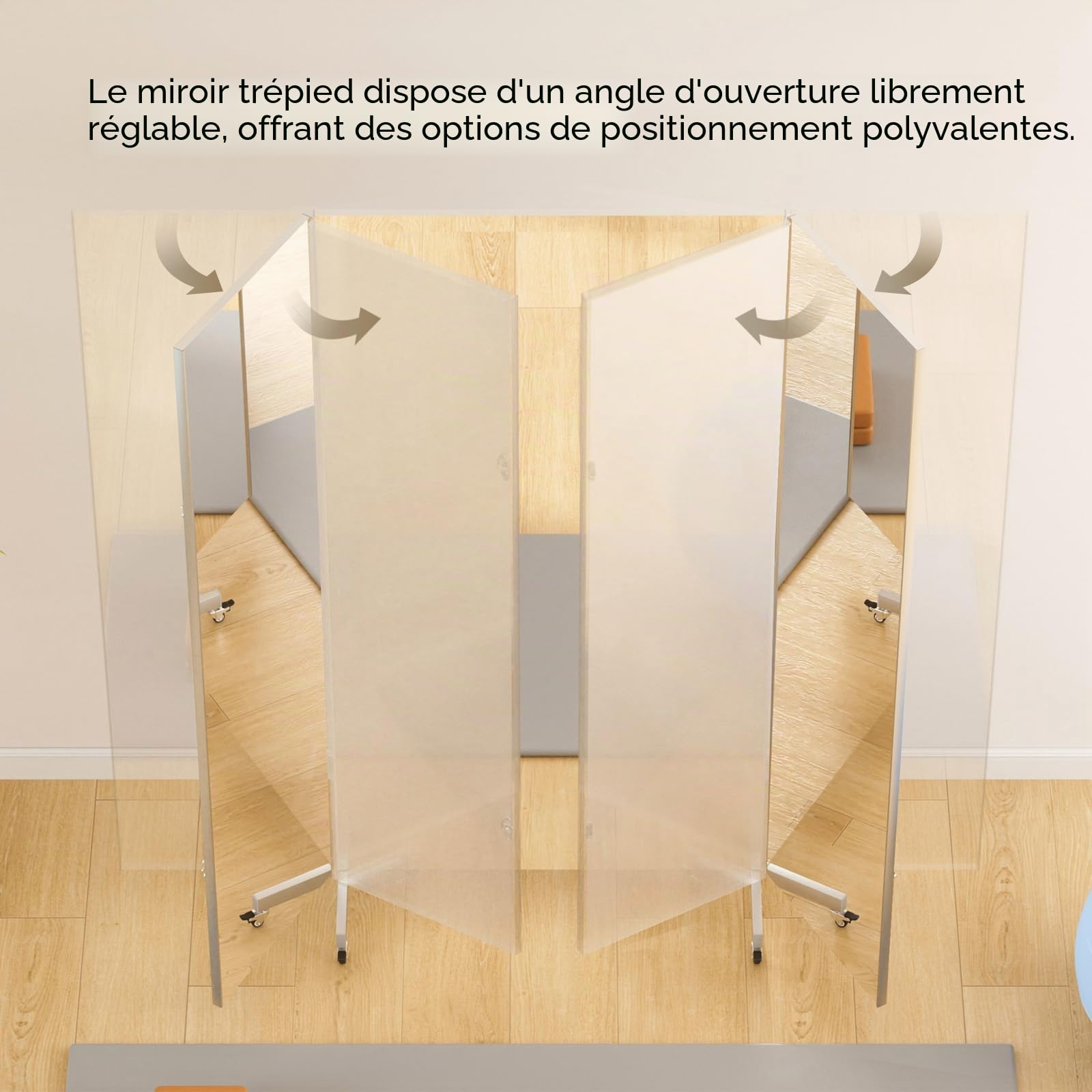 brisafe Grand Miroir Pleine Longueur 180 x 180 cm sur Pied 3 Côtés Pliable avec Roulettes Rotatif 360° Nano Incassable Blanc