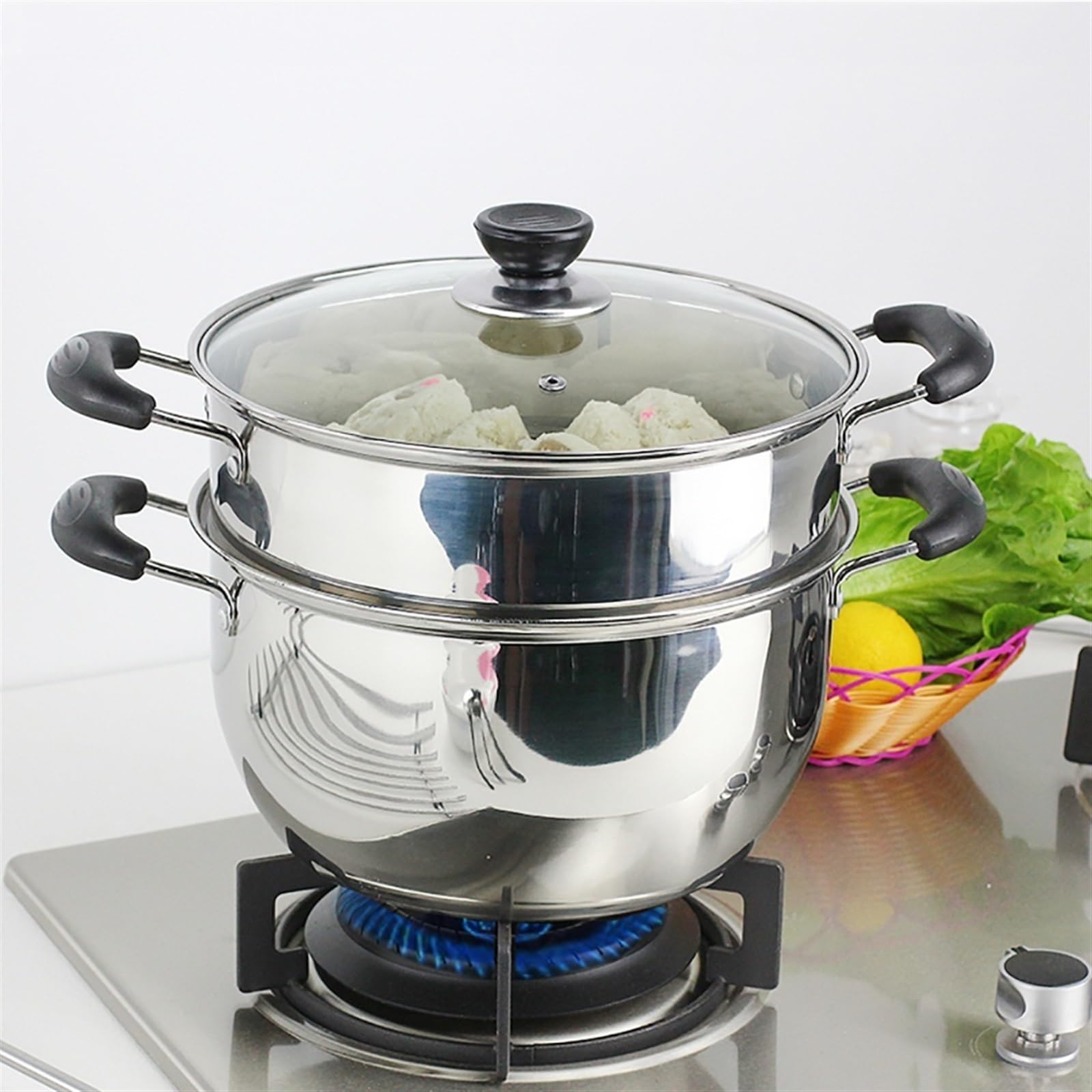 Olla vaporera/sopera de Acero Inoxidable de 2 Capas y Gran Capacidad para Uso doméstico con vaporera Gruesa, para Cocina de Gas/inducción.，One Color 22cm