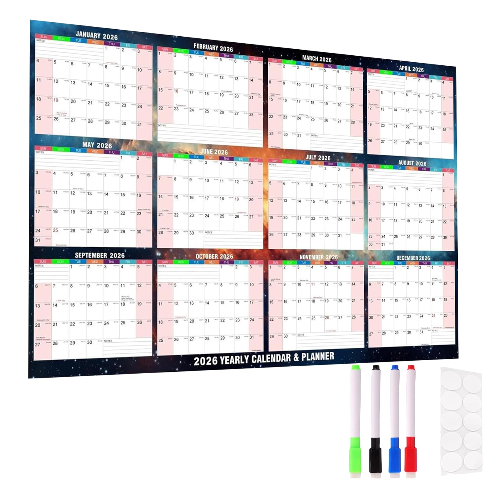 Plkjiu 2026 Wall Planner Jan to Dec Full Year | A1 Laminated Erasable Wall Calendar 2026 with 4 Markers | Double-Sided Portrait & Landscape Family & Office Year Planner (85x62cm)