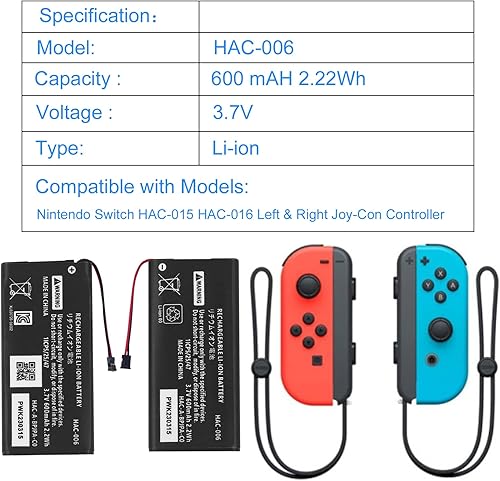 Miniatura 2 de Paquete de reemplazo de batería HAC-006 de 600 mAh para Nintendo Switch HAC-015 HAC-016 Izquierda y Derecha Joy-Con Controlador Batería Recargable