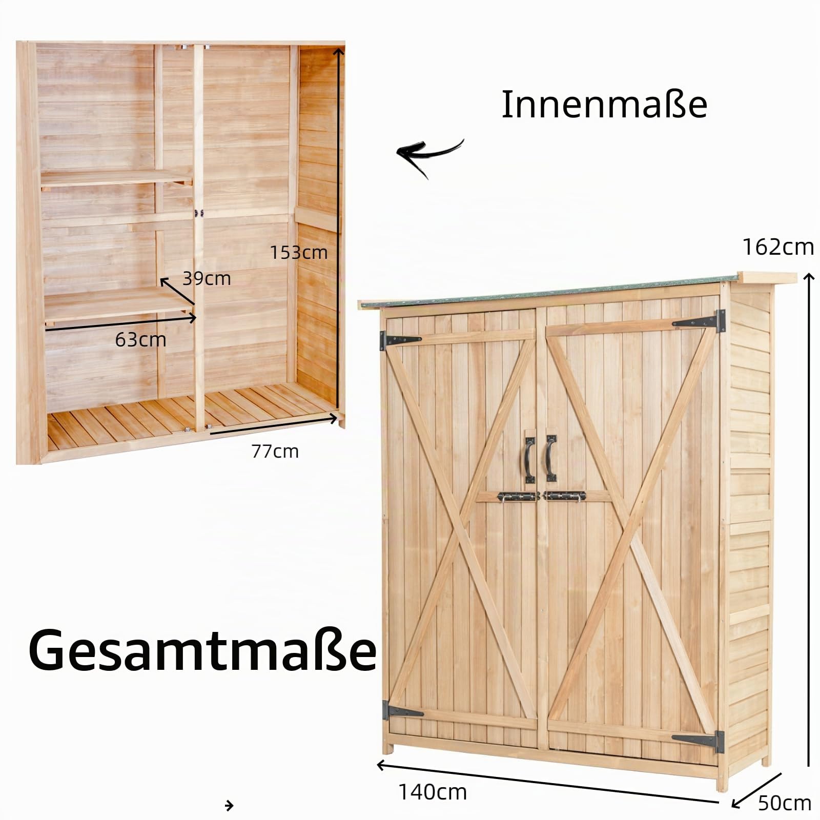 KOMFOTTEU Gartenschrank Holz 140x50x162cm, Gerätehaus Outdoor mit 2 Regalböden & 1 Schrank, Geräteschuppen wetterfest mit abschließbaren Türen, Werkzeugschrank Lagerschrank für Terrasse, Balkon Garten