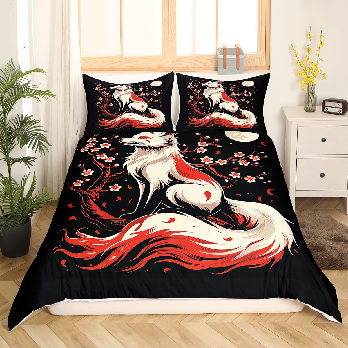Japanese Style Fox Duvet Cover Set Queen Size,Japan Ukiyo-e Cherry Blossom Sakura Bedding Set,Boys Girls Room Decor,Wild Animal Rustic Comforter Cover,Red Black Quilt Cover,2 Pillowcases(No Comforter)