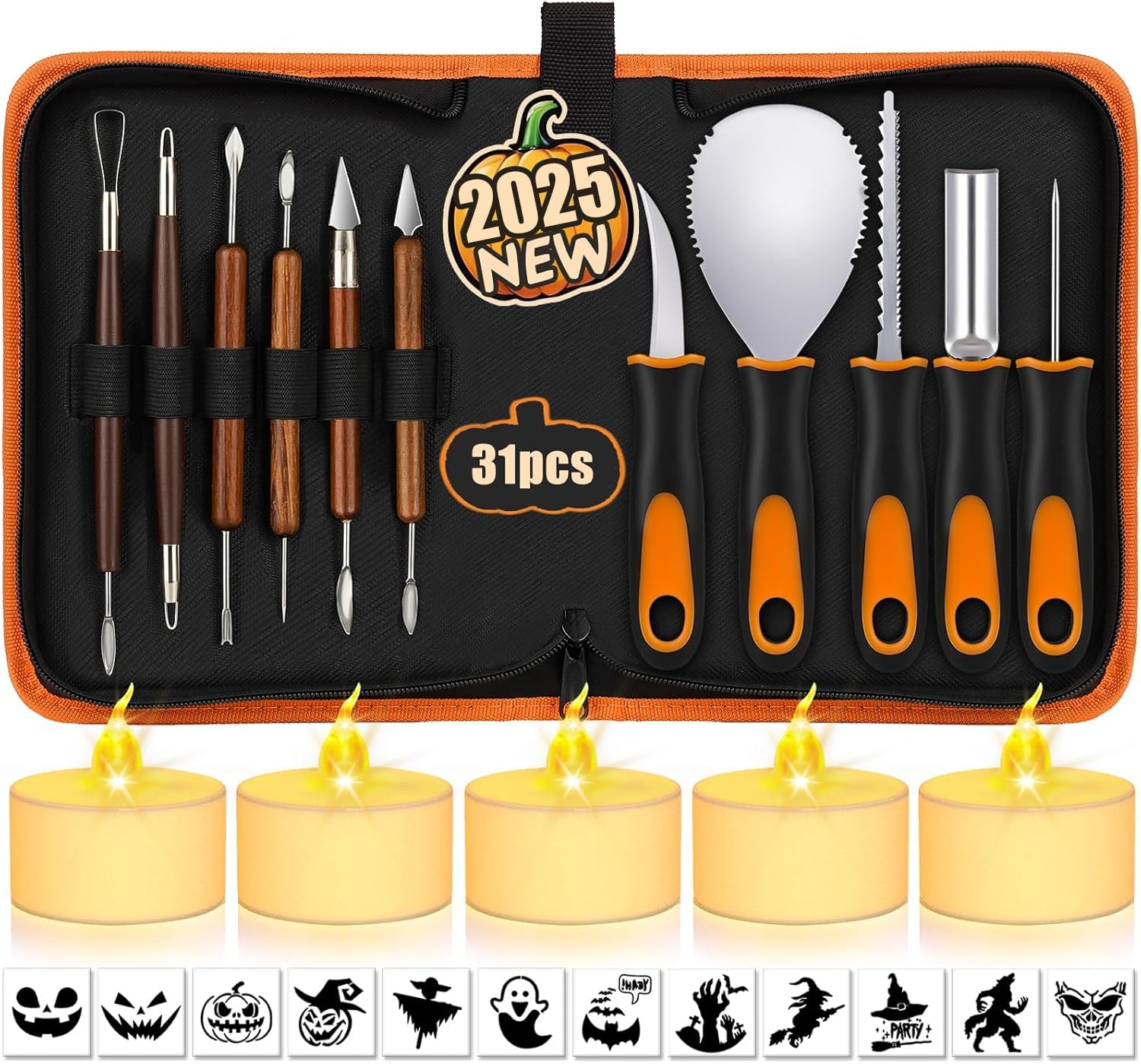 Pumpkin Carving Kit with Stencils: 31 PCS Halloween Pumpkin Carving Tools - Professional Pumpkin Carving Set - Heavy Duty Stainless Steel Jack-O-Lanterns Pumpkin Carving Knife for Kids Adults