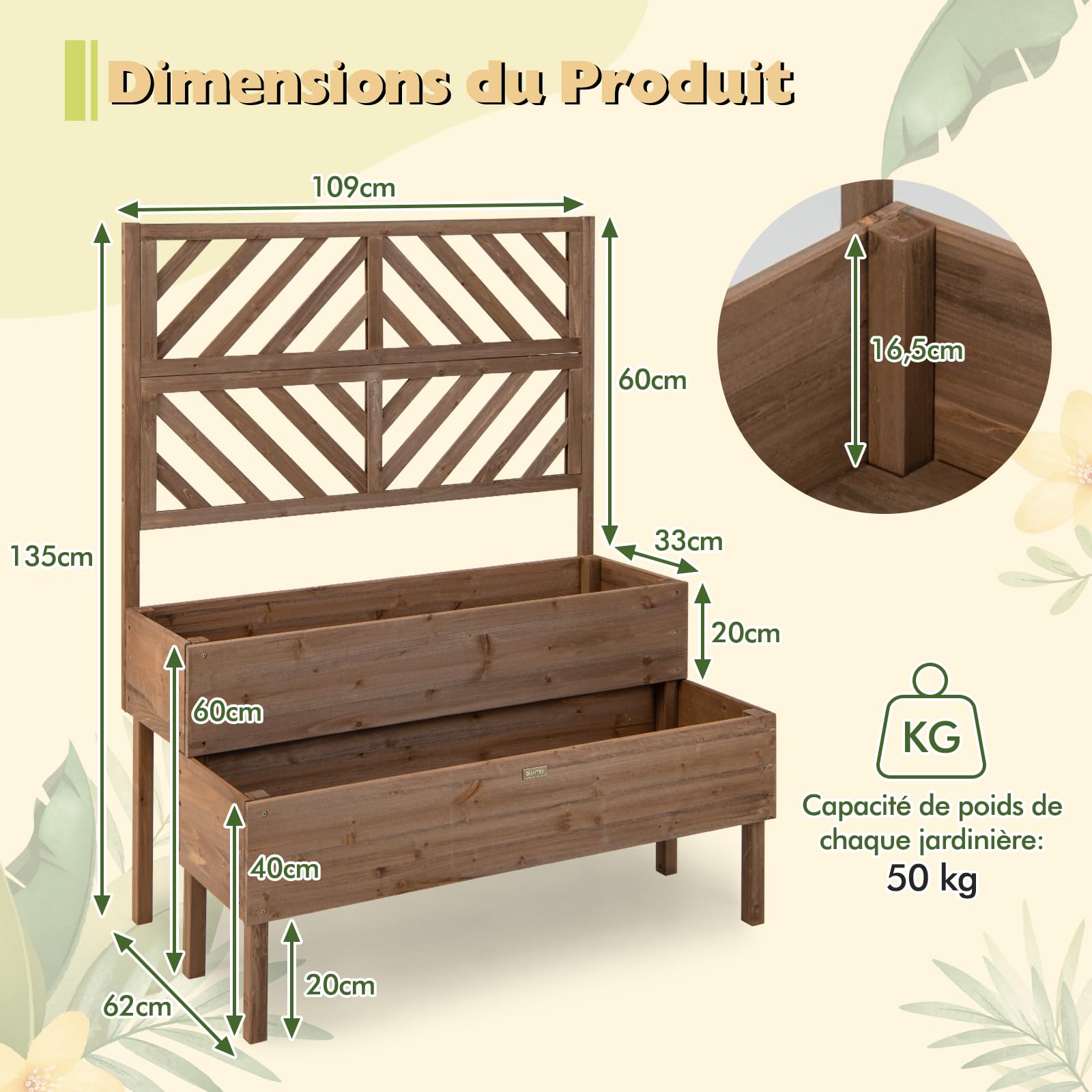 COSTWAY Jardinière 2 Niveaux avec Treillis en Bois de Sapin avec Trou de Drainage, Bac à Fleurs pour Plante Grimpante, Lit de Jardin Résistance aux Intempéries 109 x 62 x 135 cm (Marron)