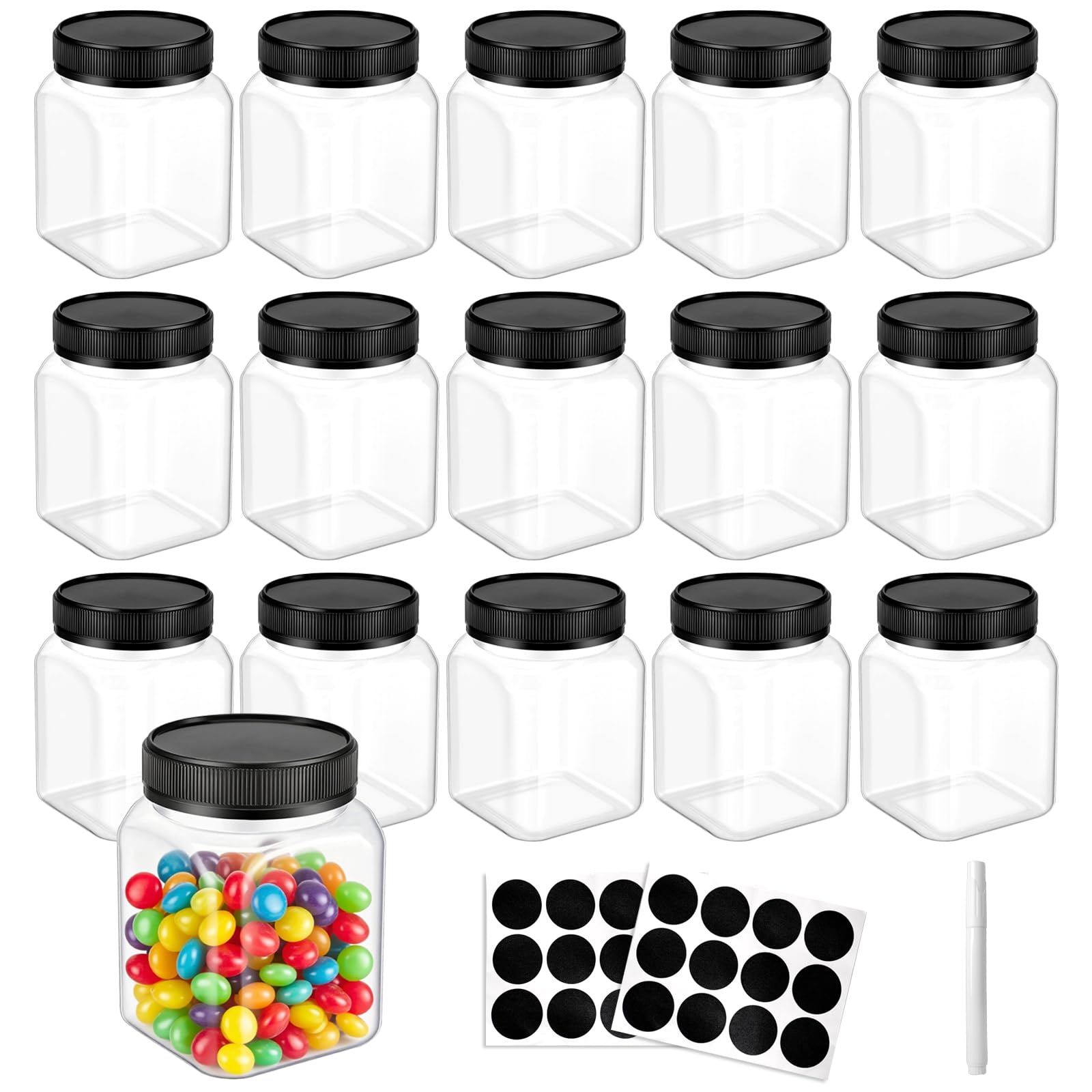 16 barattoli in plastica da 680,4 g con coperchio, grandi contenitori per alimenti con coperchio a vite, riutilizzabili, contenitori ermetici per la cucina, caramelle, caffè, alimenti secchi