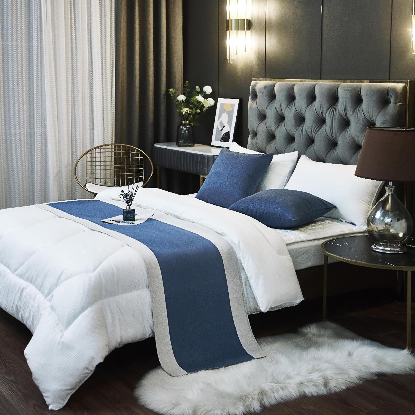 TTiiLoe Hotel Bed Runner Double-sided Bed Cover, Cotton Linen Bed Scarves Bedspreads Throw Decor Protection, Linen-Blue, 50 * 210cm for 1.5m Bed