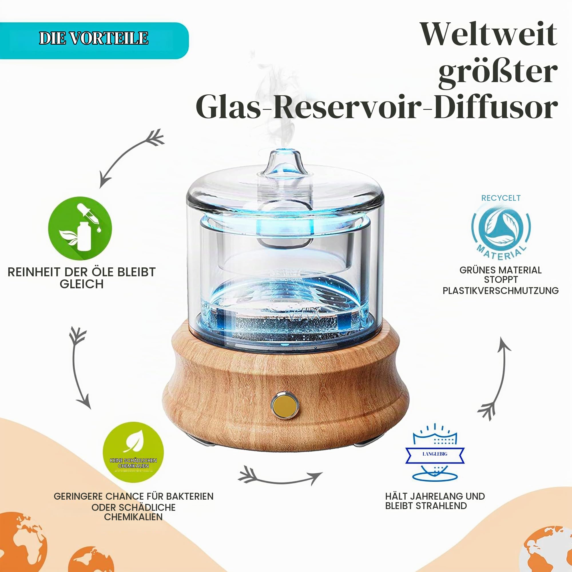 Alma Diffuser für ätherische Öle – Ultraschall Diffuser – 80 ml Glasbehälter · 3,5 MHz – Aromatherapie – Echtholzbasis · LED · leise – Bis zu 6 Std.