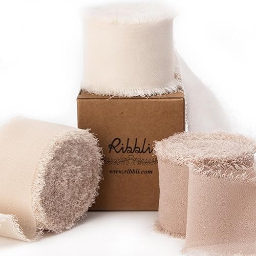 Ribbli Cinta de gasa de 1.5 pulgadas x 30 yardas, cinta de seda hecha a mano, color cremachampánbeige con flecos para invitaciones de boda,