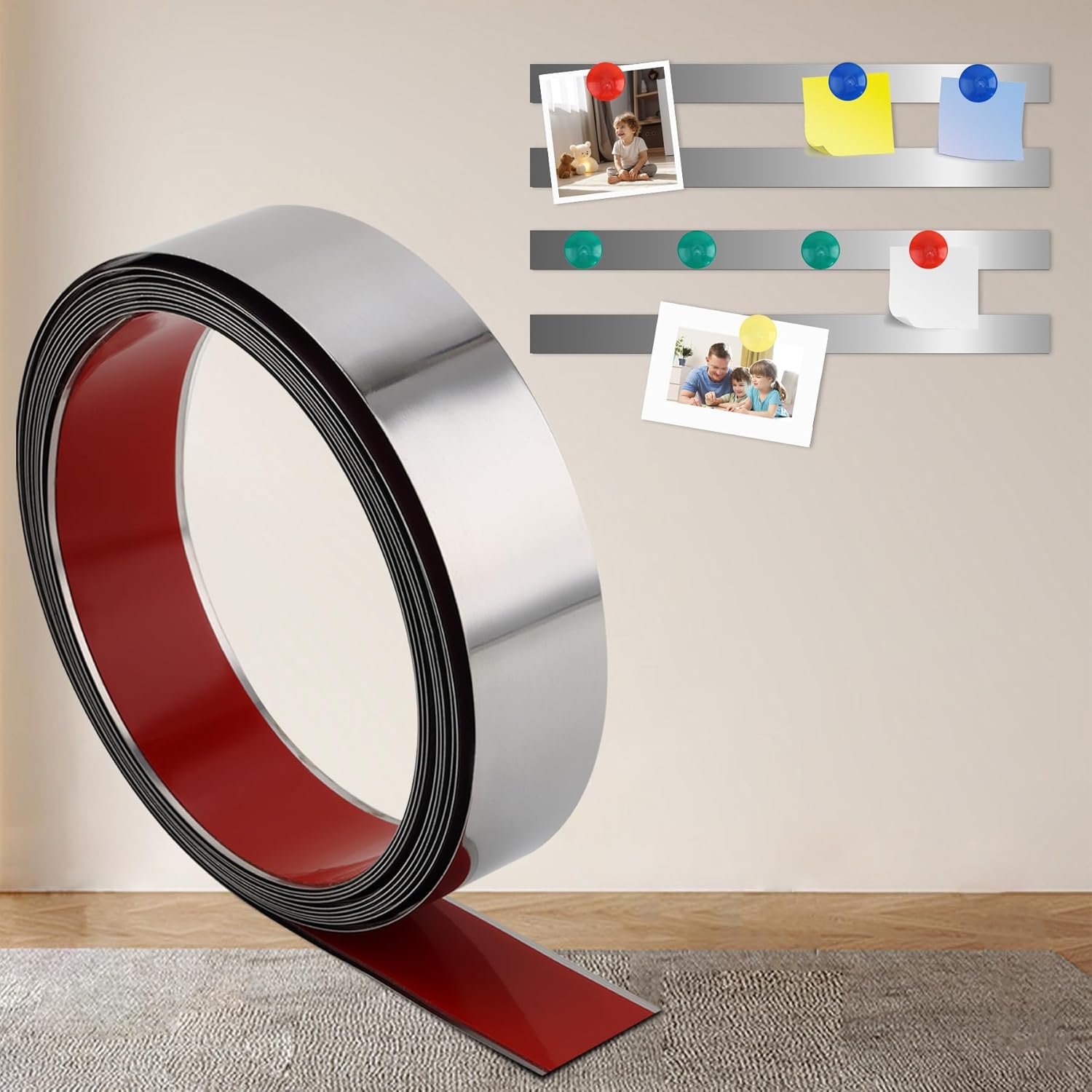 (Similar) Self Adhesive Backing Metal Strip for Magnets, Flexible Ferrous Memo Tapes Roll for Bulletin Boards in Studio, Office, School (Glossy Silver, 118''L x 1.57''W) 118''L x 1.57''W Glossy Silver