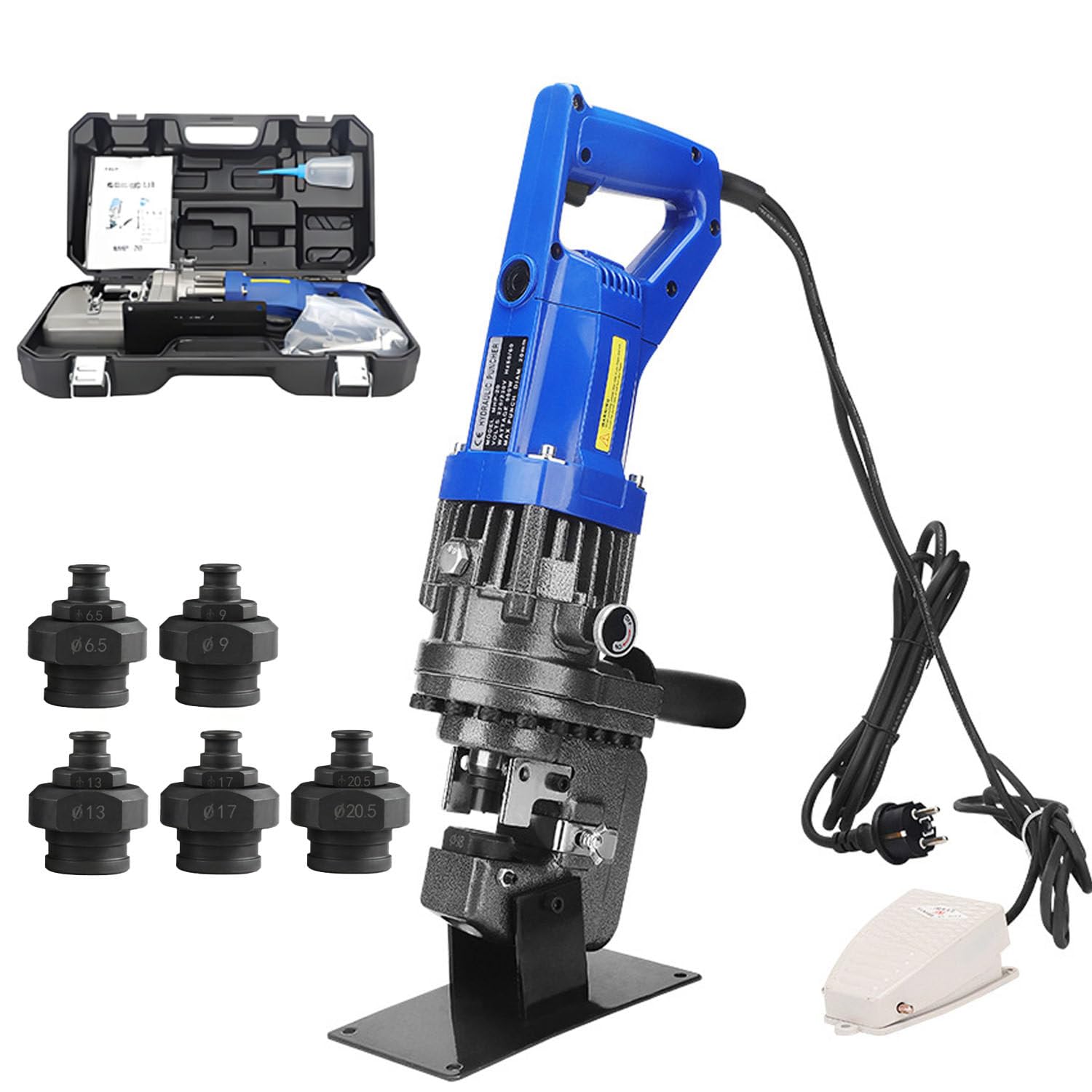 DUMIPME Angle Steel Channel Steel Puncher,1800W Electric Hydraulic Hole Punch Machine,Foot Pedal & 5 Molds,2-3s Rapid Hole Punch for Iron, Copper, Aluminum MHP-20
