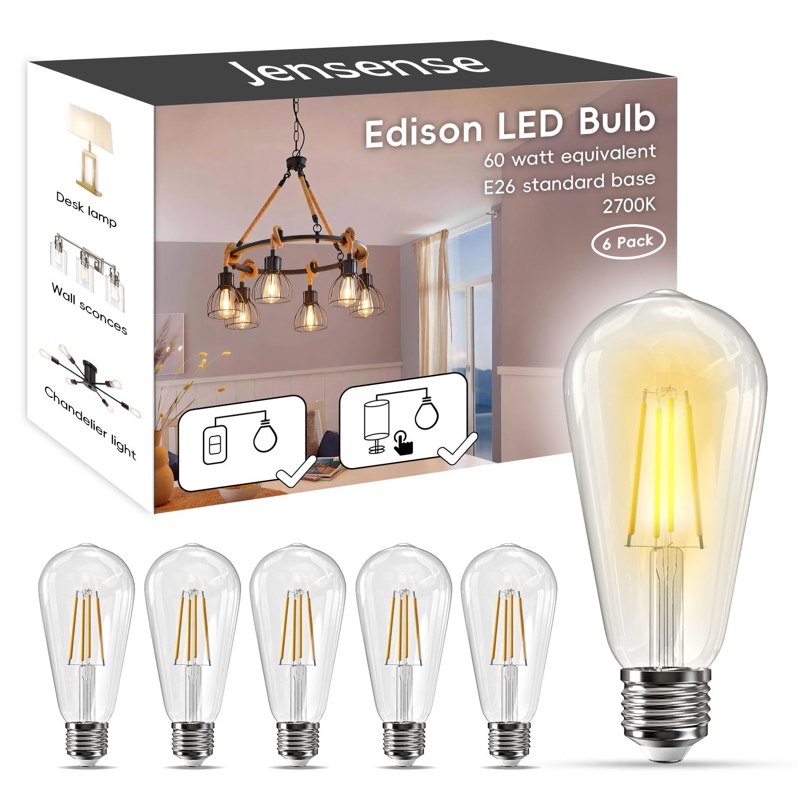 Jensense Edison LED Light Bulbs E26 LED Bulb 60 watt Equivalent