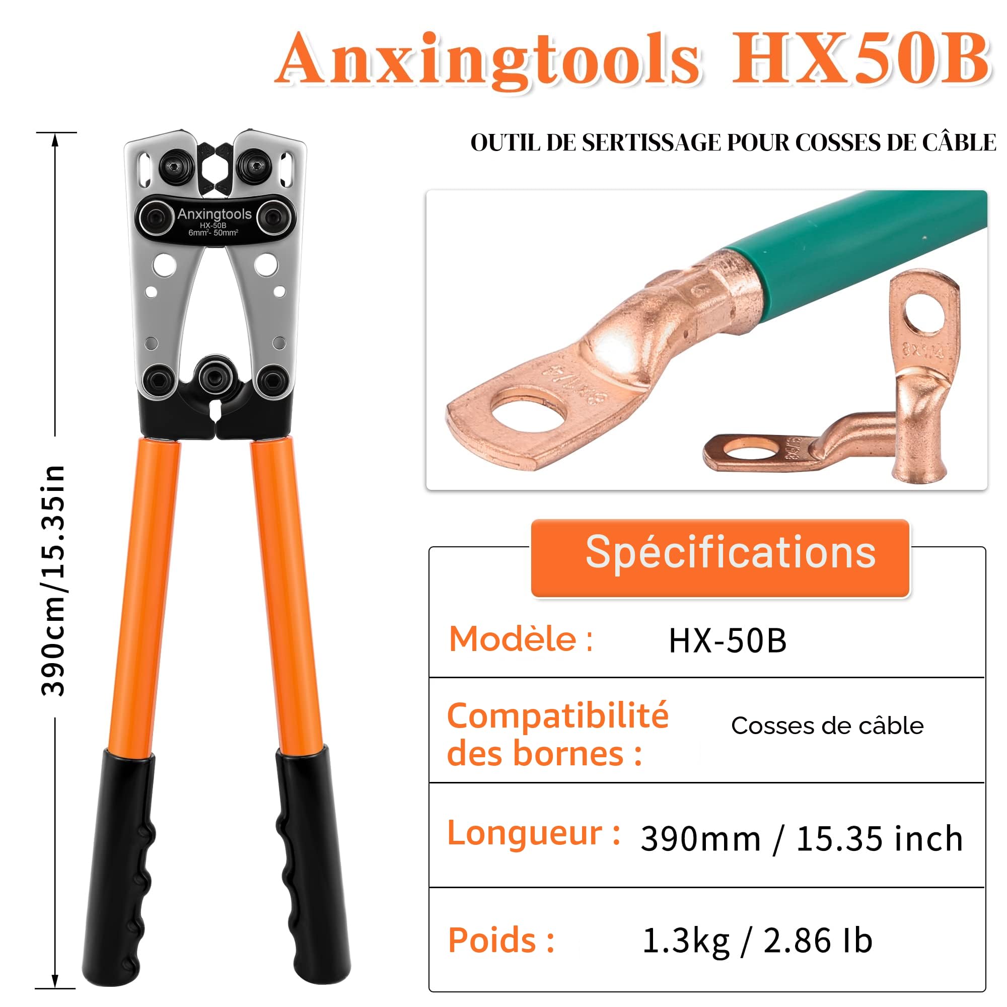Outil de sertissage de câble de batterie pour bornes à anneau en cuivre de batterie 6/10/16/25/35/50 mm², cosses en cuivre, pince à sertir robuste pour cosses de fil (HX50B crimper+terminals)