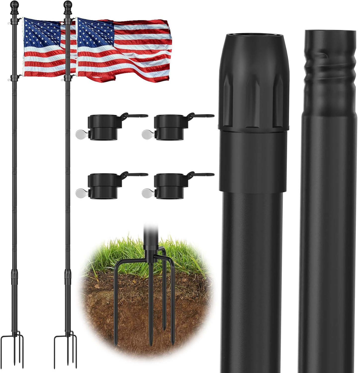2-Pack 10 FT Heavy-Duty In-Ground Flagpoles – Rust-Proof Aluminum, 4-Prong Base, Extra-Thick, Black (No Flags)