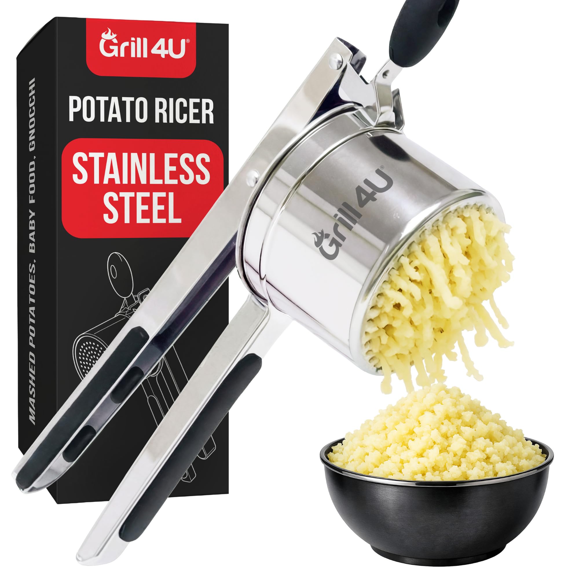 Large 15oz Potato Ricer - Professional 430 Stainless Steel Masher for Fluffy Mashed Potatoes, Gnocchi, Guacamole &amp; Baby Food - Ergonomic Non-Slip Handles, Heavy Duty &amp; Dishwasher Safe Kitchen Press