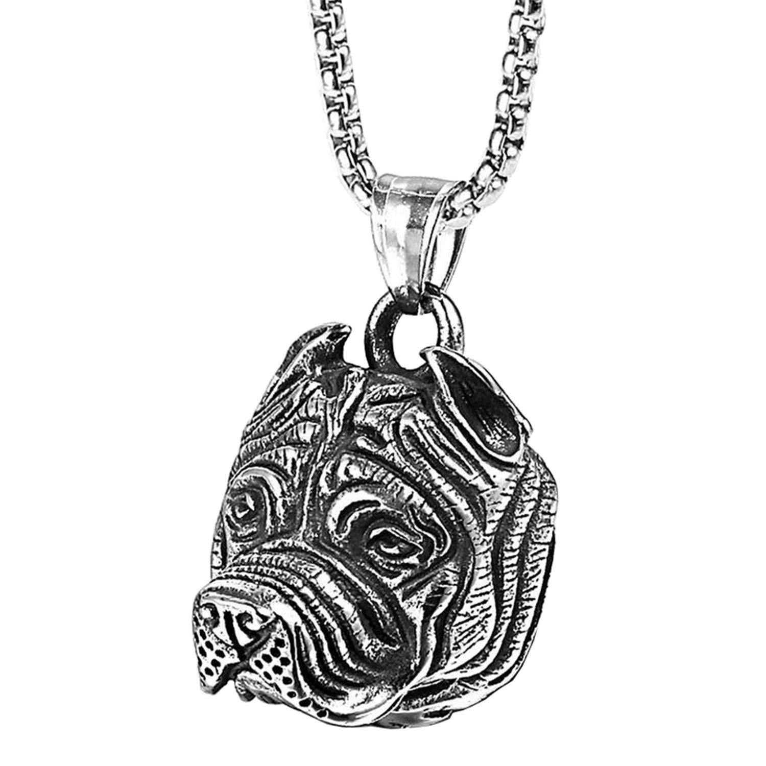 OAKKYMen's Stainless Steel Vintage Gothic Pitbull Bulldog Pug Dog Head Biker Necklace