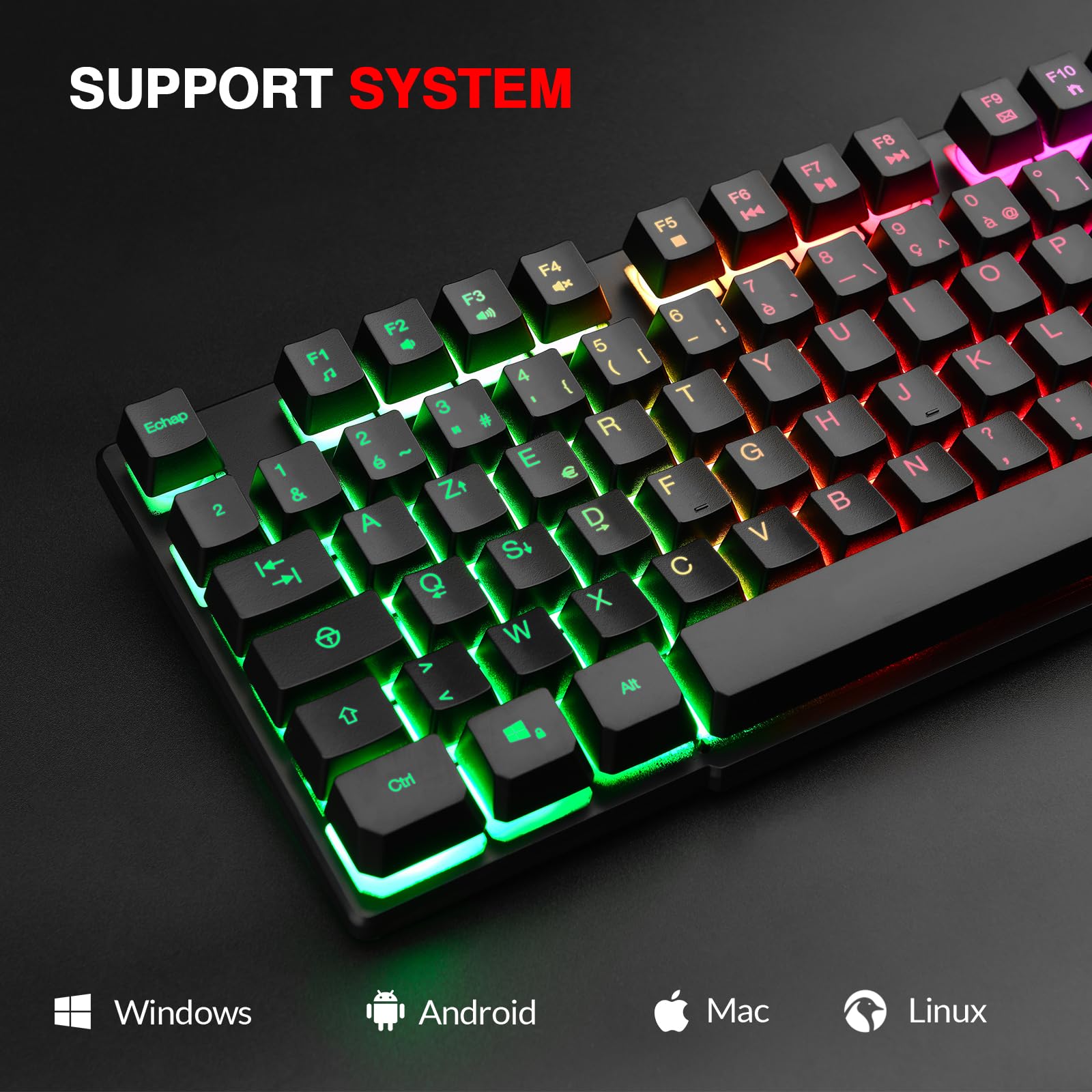 Rii Clavier Gamer - AZERTY - Nouveau Clavier USB Filaire - 105 Touches Semi-Mécaniques - 5 Couleurs LED Rétro - 11 Raccourcis Multimédia - pour PC Mac - PS4 PS5 - Noir