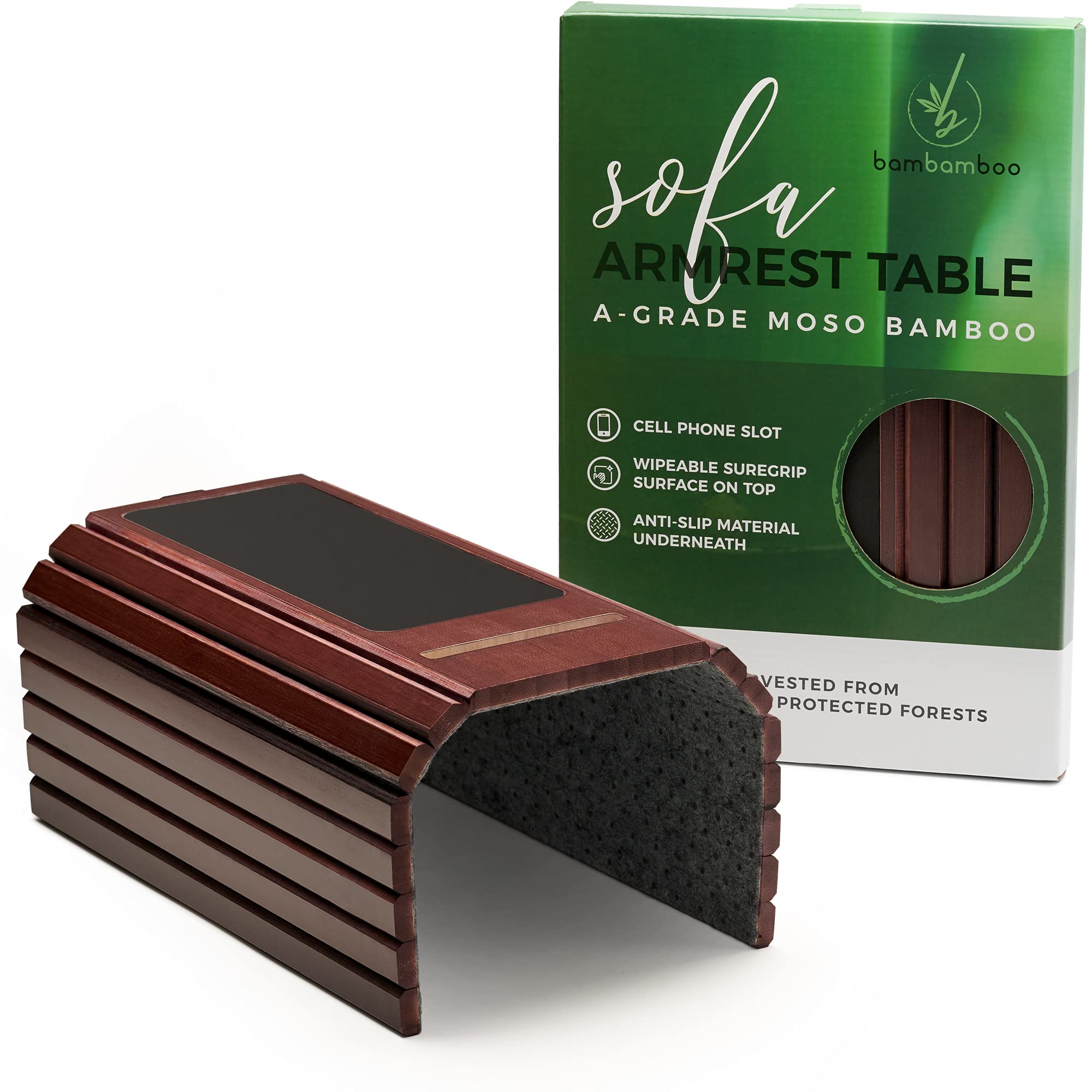 Sofa Armrest Tray Table with Cell Phone Slot (Brown)