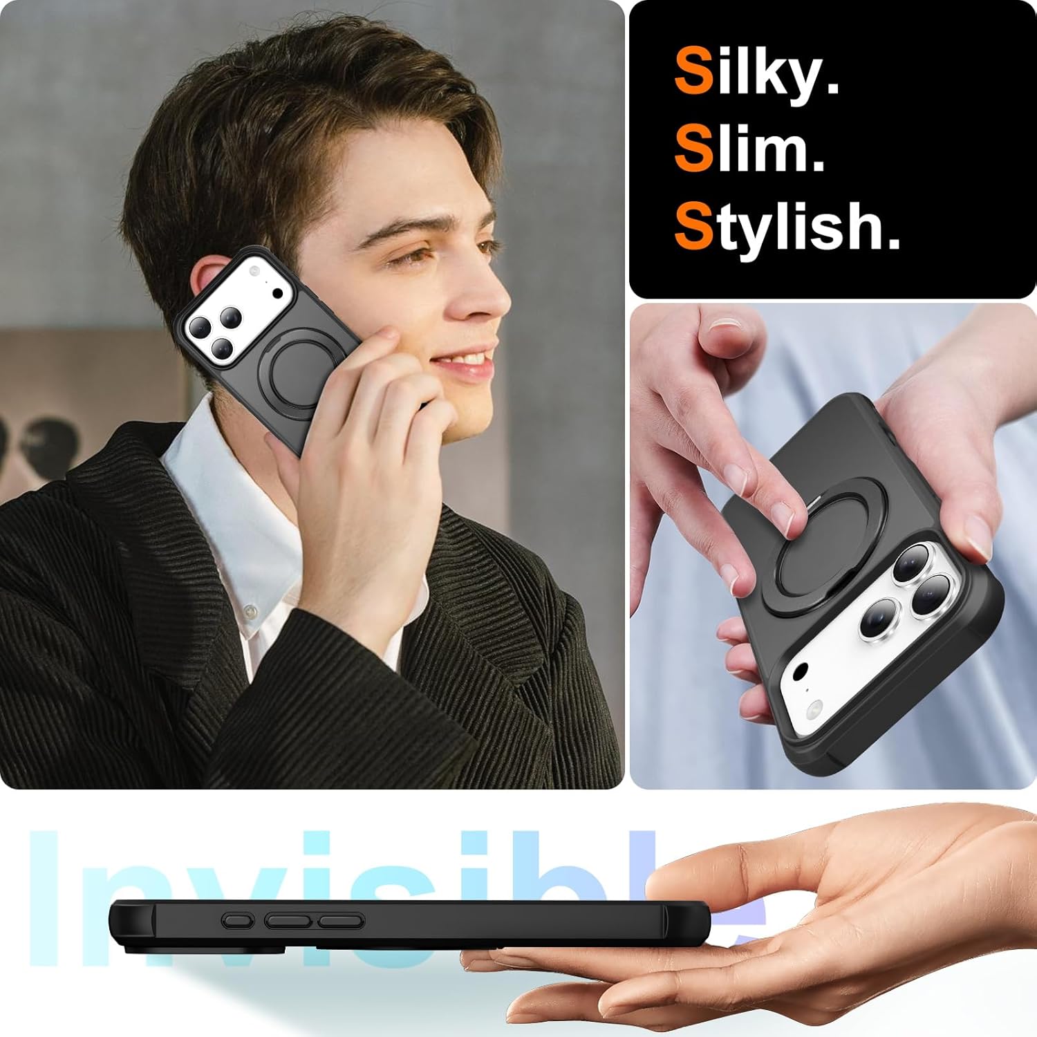 UMIONE 360° Rotatable Magnetic Ring Design for iPhone 17 Pro, Built-in Invisible Loop Stand, Compatible with Magsafe, Translucent Ultra Slim Military Grade Shockproof Case - Black