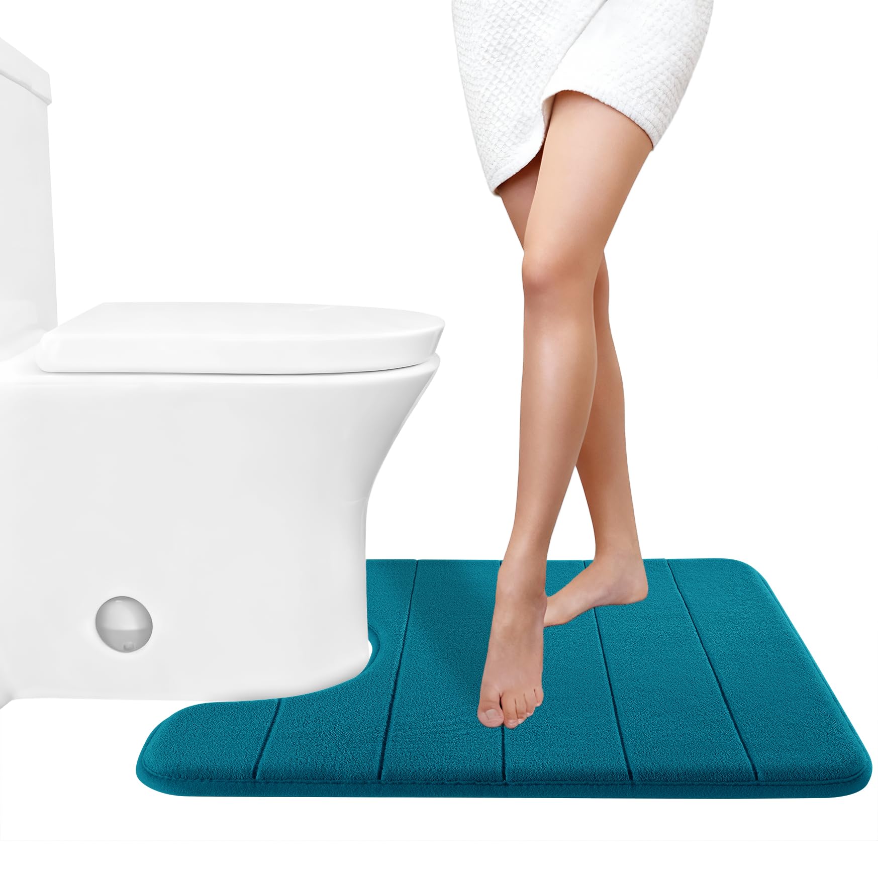 Yimobra Memory Foam Toilet Bath Mat U-Shaped, Soft and Comfortable, Water Absorption, Non-Slip, Thick, Machine Wash and Easier to Dry for Bathroom Commode Contour Rug, 24 X 20 Inches, Peacock Blue